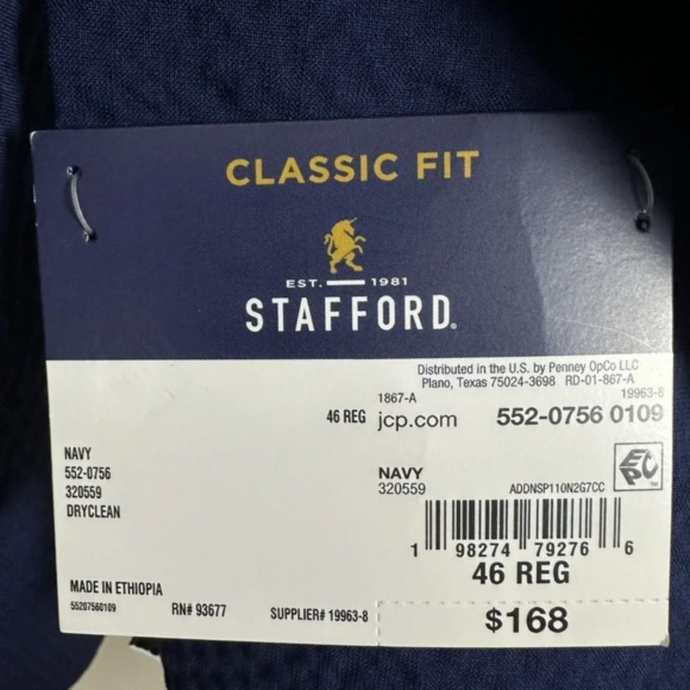 Stafford Men's 46R Textured Navy 3 Button Classic Fit Sport Coat Blazer NEW‎